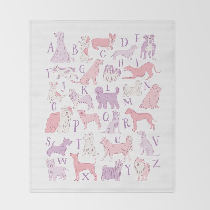 Dogs ABC Alphabet Print for Kids Room in Pink and Purple Throw Blanket Gallery Image 2
