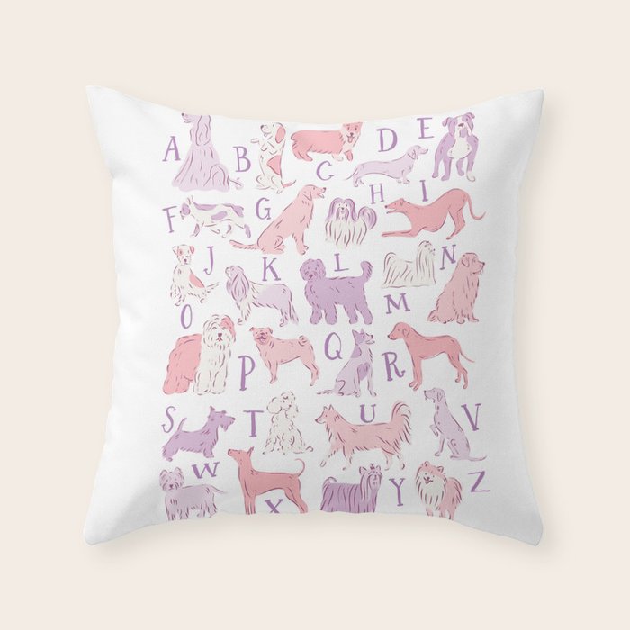 Dogs ABC Alphabet Print for Kids Room in Pink and Purple Throw Pillow Gallery Image 1
