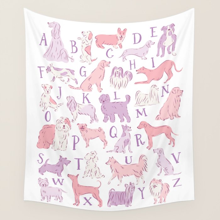 Dogs ABC Alphabet Print for Kids Room in Pink and Purple Wall Tapestry Gallery Image 1