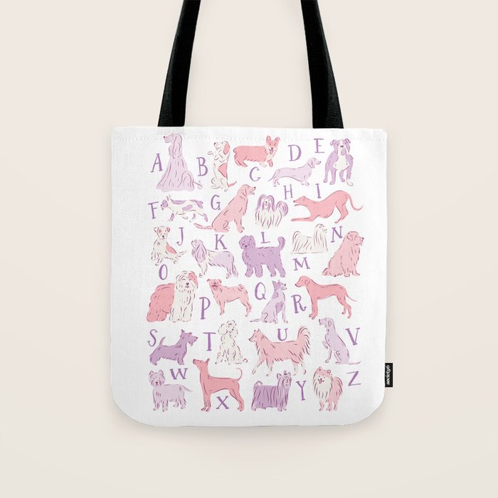 Dogs ABC Alphabet Print for Kids Room in Pink and Purple Tote Bag Gallery Image 1