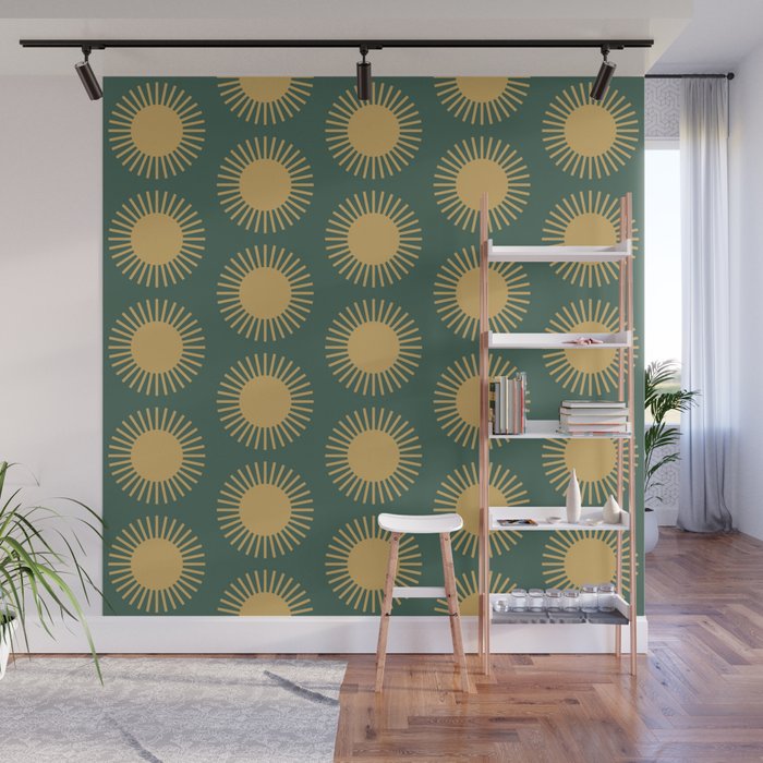 Boho Summer Sun Pattern X Kelly Green and Yellow Wall Mural Gallery Image 1