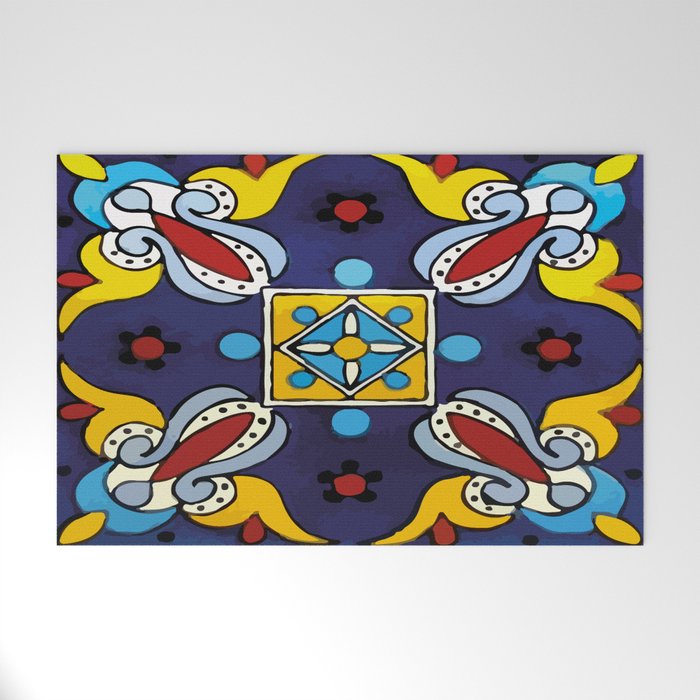 Abstract blue cruz mexican modern talavera tile wall Welcome Mat Gallery Image 1