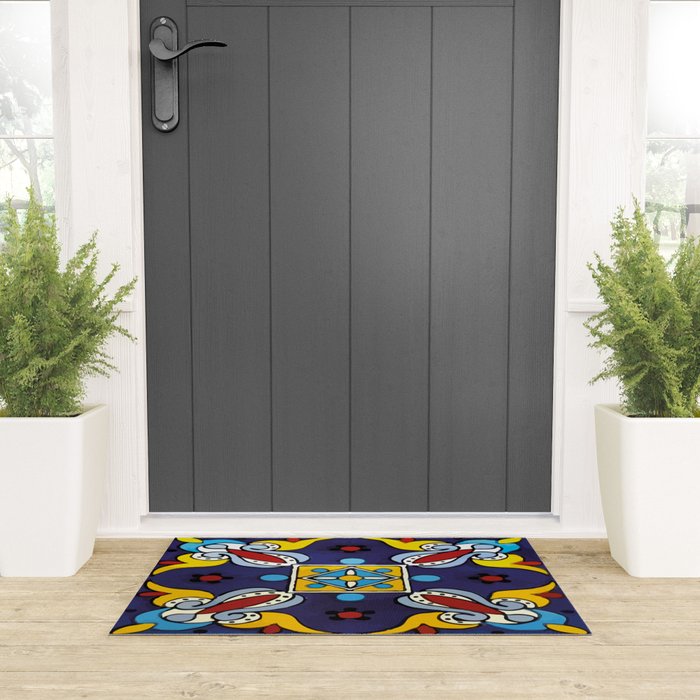 Abstract blue cruz mexican modern talavera tile wall Welcome Mat Gallery Image 3