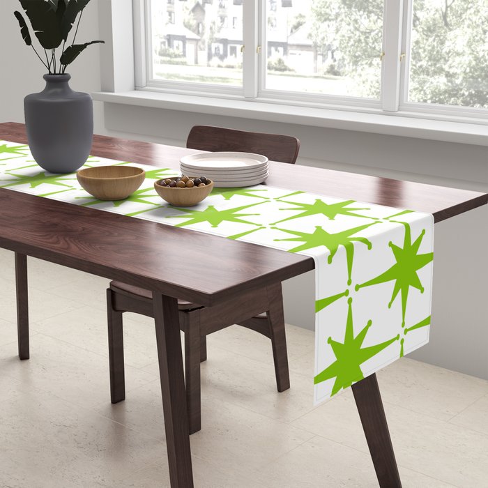 Lime Green Mid Century Modern Atomic Age Starburst Pattern Table Runner Gallery Image 2