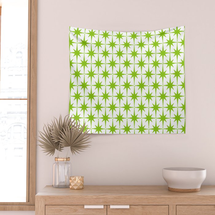 Lime Green Mid Century Modern Atomic Age Starburst Pattern Wall Tapestry Gallery Image 2