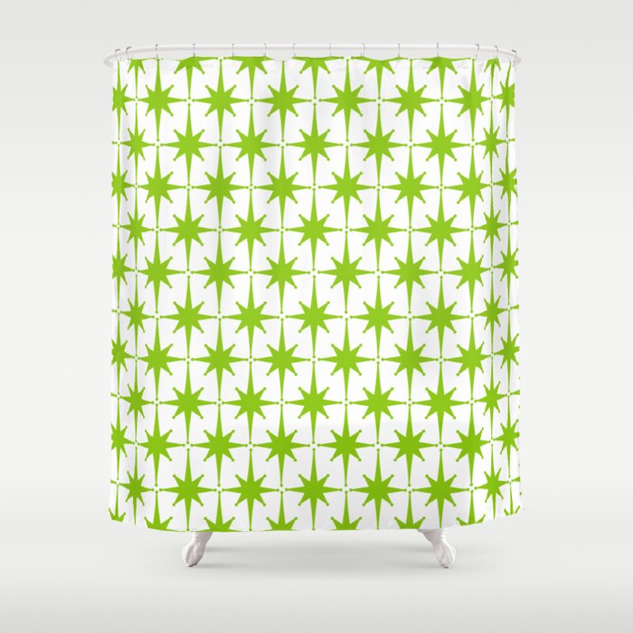 Lime Green Mid Century Modern Atomic Age Starburst Pattern Shower Curtain Gallery Image 1