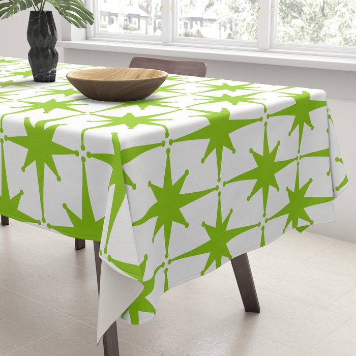Lime Green Mid Century Modern Atomic Age Starburst Pattern Tablecloth Gallery Image 3