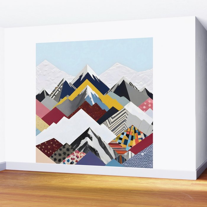Snowcap Mountains, Graphic Collage Abstract, Eclectic Textures Patterns, Geometric Shapes Nature Landscape Winter Contemporary Wall Mural Gallery Image 2