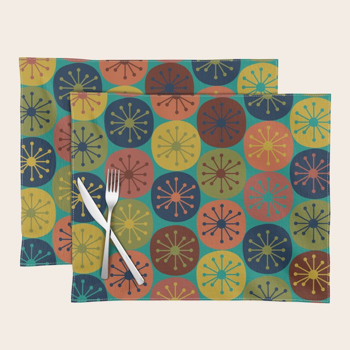 Atomic Dots Midcentury Modern Pattern in Mid Mod Mustard, Olive, Orange, Blue, and Turquoise Teal Placemat Gallery Image 1