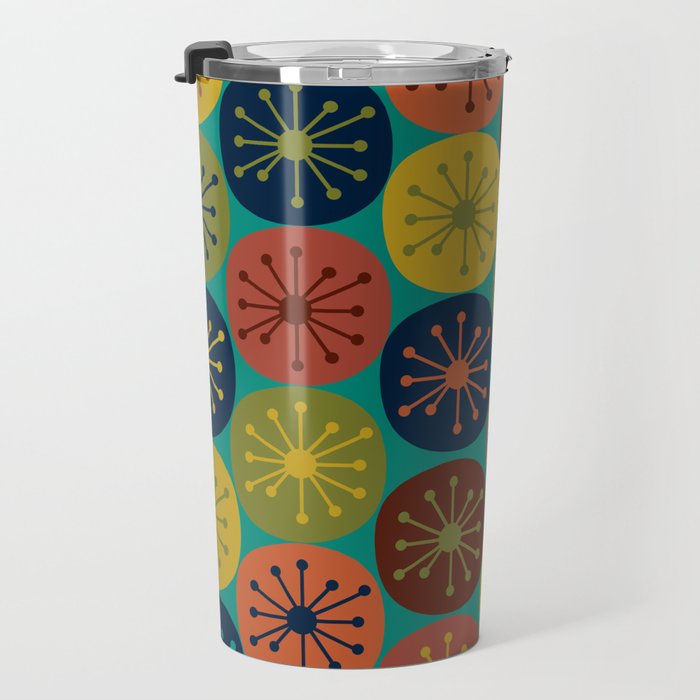 Atomic Dots Midcentury Modern Pattern in Mid Mod Mustard, Olive, Orange, Blue, and Turquoise Teal Travel Mug Gallery Image 3
