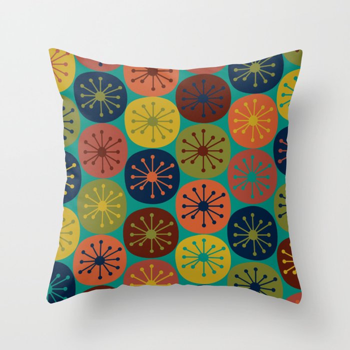 Atomic Dots Midcentury Modern Pattern in Mid Mod Mustard, Olive, Orange, Blue, and Turquoise Teal Throw Pillow Gallery Image 1