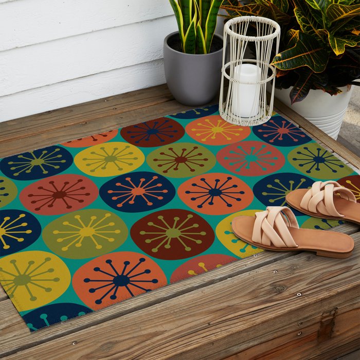 Atomic Dots Midcentury Modern Pattern in Mid Mod Mustard, Olive, Orange, Blue, and Turquoise Teal Outdoor Rug Gallery Image 2