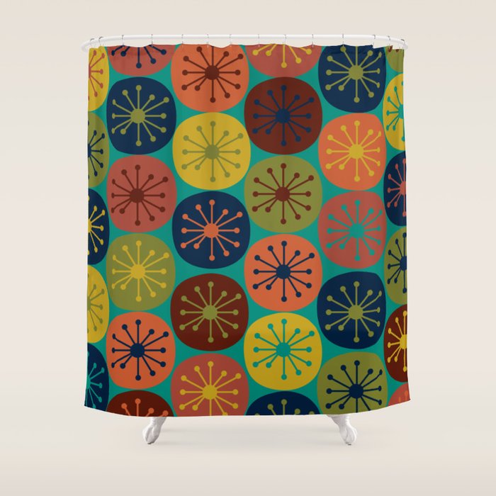 Atomic Dots Midcentury Modern Pattern in Mid Mod Mustard, Olive, Orange, Blue, and Turquoise Teal Shower Curtain Gallery Image 1