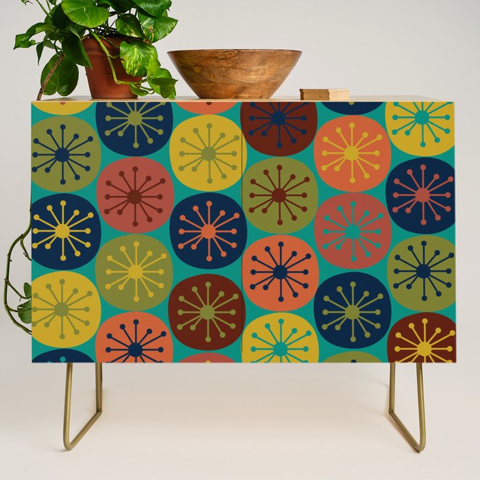 Atomic Dots Midcentury Modern Pattern in Mid Mod Mustard, Olive, Orange, Blue, and Turquoise Teal Credenza Gallery Image 1
