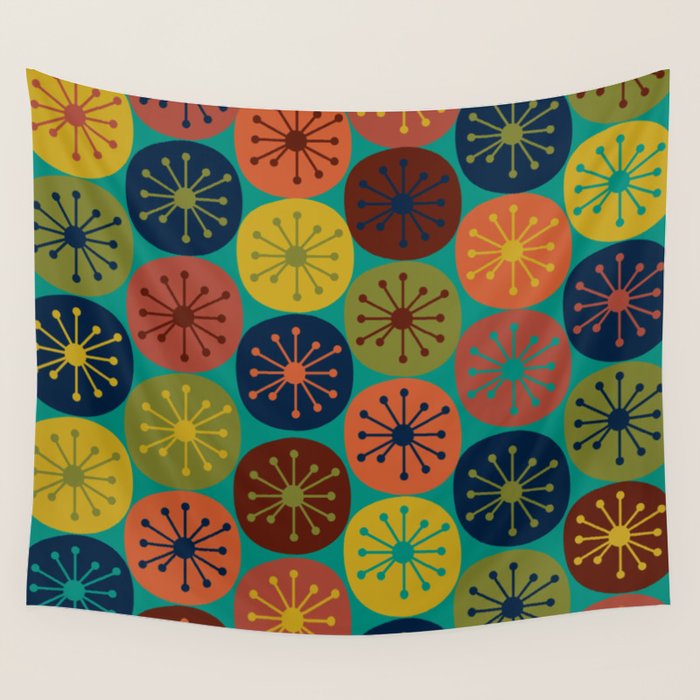 Atomic Dots Midcentury Modern Pattern in Mid Mod Mustard, Olive, Orange, Blue, and Turquoise Teal Wall Tapestry Gallery Image 4