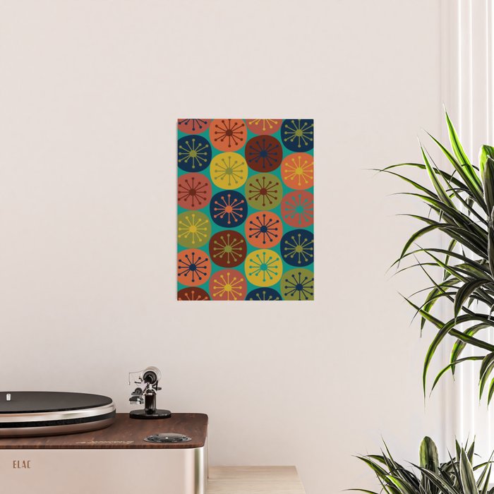 Atomic Dots Midcentury Modern Pattern in Mid Mod Mustard, Olive, Orange, Blue, and Turquoise Teal Poster Gallery Image 2