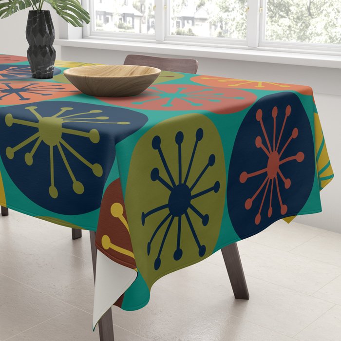 Atomic Dots Midcentury Modern Pattern in Mid Mod Mustard, Olive, Orange, Blue, and Turquoise Teal Tablecloth Gallery Image 3
