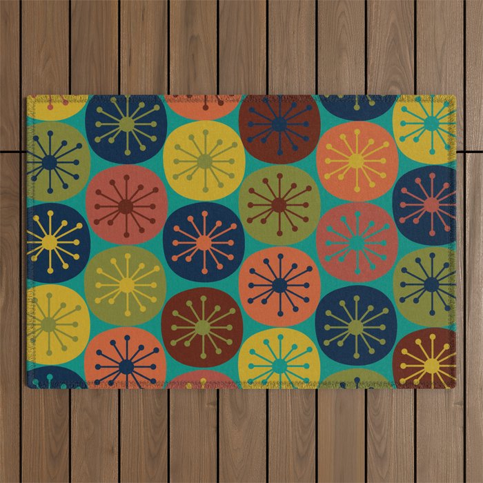 Atomic Dots Midcentury Modern Pattern in Mid Mod Mustard, Olive, Orange, Blue, and Turquoise Teal Outdoor Rug Gallery Image 1
