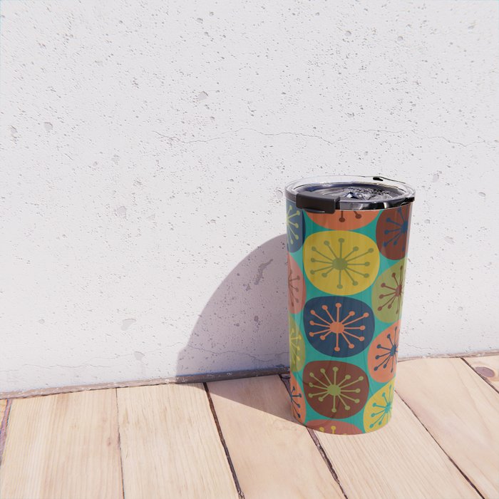 Atomic Dots Midcentury Modern Pattern in Mid Mod Mustard, Olive, Orange, Blue, and Turquoise Teal Travel Mug Gallery Image 4