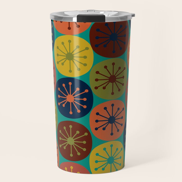 Atomic Dots Midcentury Modern Pattern in Mid Mod Mustard, Olive, Orange, Blue, and Turquoise Teal Travel Mug Gallery Image 1