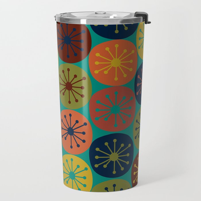 Atomic Dots Midcentury Modern Pattern in Mid Mod Mustard, Olive, Orange, Blue, and Turquoise Teal Travel Mug Gallery Image 2
