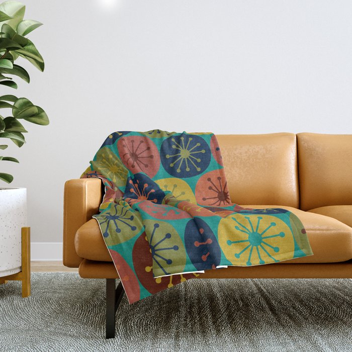 Atomic Dots Midcentury Modern Pattern in Mid Mod Mustard, Olive, Orange, Blue, and Turquoise Teal Throw Blanket Gallery Image 1
