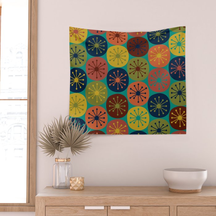 Atomic Dots Midcentury Modern Pattern in Mid Mod Mustard, Olive, Orange, Blue, and Turquoise Teal Wall Tapestry Gallery Image 2