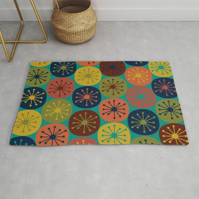 Atomic Dots Midcentury Modern Pattern in Mid Mod Mustard, Olive, Orange, Blue, and Turquoise Teal Rug Gallery Image 1