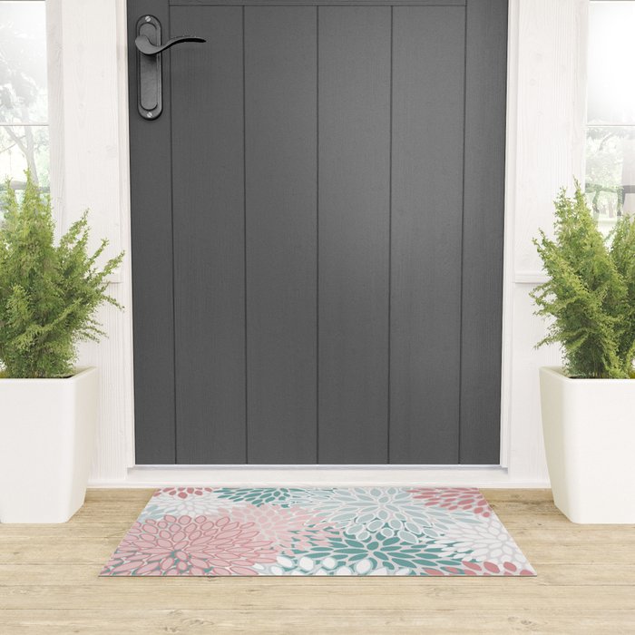 Floral Bloom, Teal, Green, Pink and White Welcome Mat Gallery Image 3