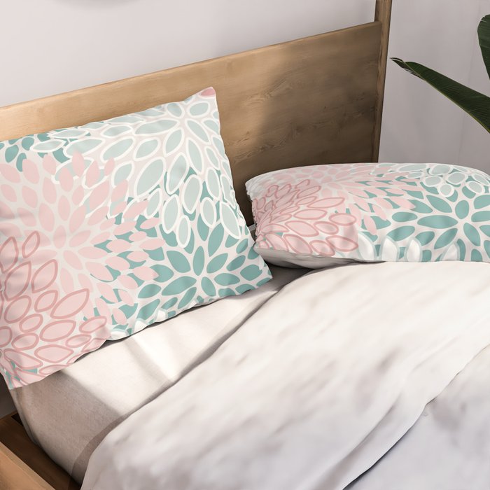 Floral Bloom, Teal, Green, Pink and White Pillow Sham Gallery Image 2