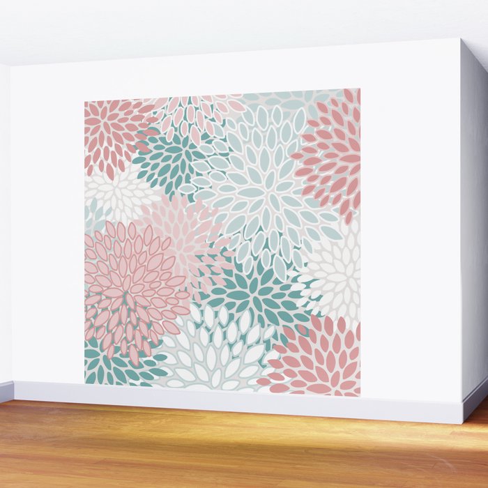 Floral Bloom, Teal, Green, Pink and White Wall Mural Gallery Image 2