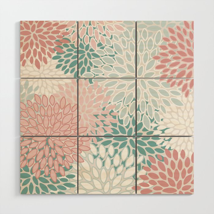 Floral Bloom, Teal, Green, Pink and White Wood Wall Art Gallery Image 1
