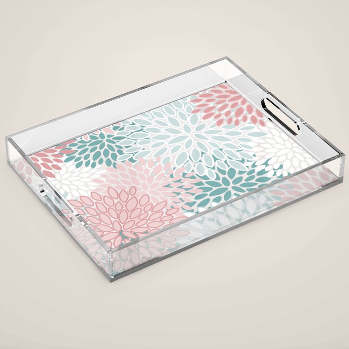 Floral Bloom, Teal, Green, Pink and White Acrylic Tray Gallery Image 1
