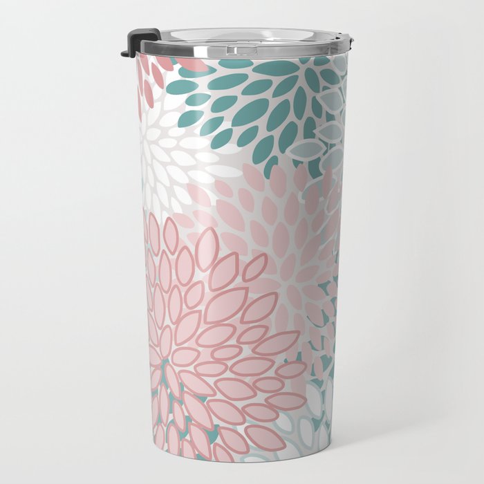 Floral Bloom, Teal, Green, Pink and White Travel Mug Gallery Image 3