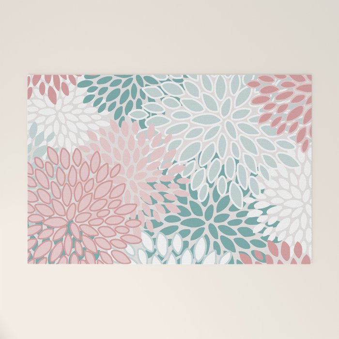Floral Bloom, Teal, Green, Pink and White Welcome Mat Gallery Image 1