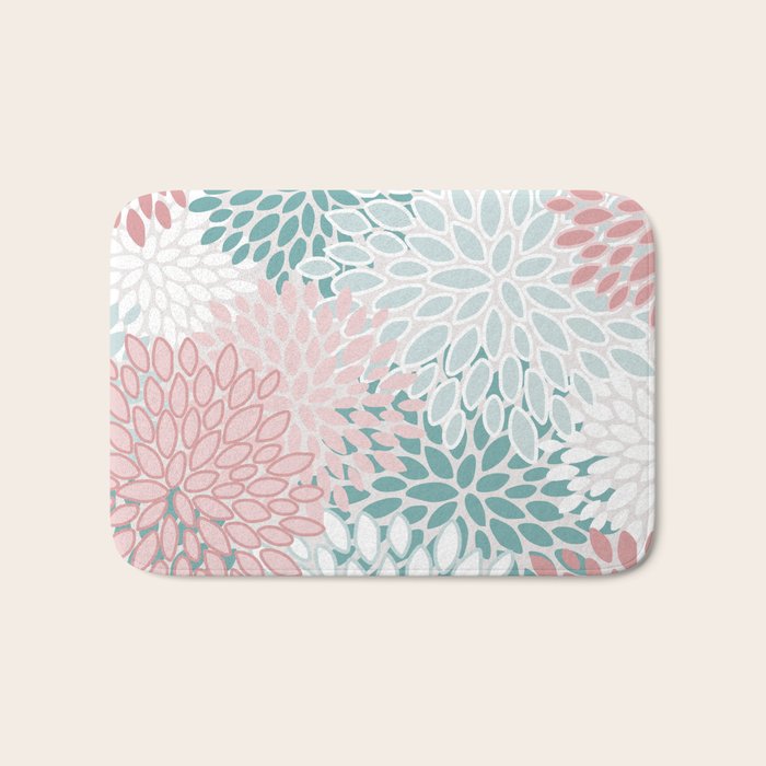 Floral Bloom, Teal, Green, Pink and White Bath Mat Gallery Image 1