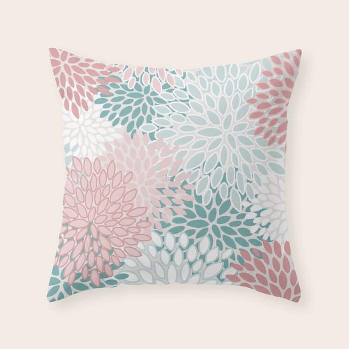 Floral Bloom, Teal, Green, Pink and White Throw Pillow Gallery Image 6