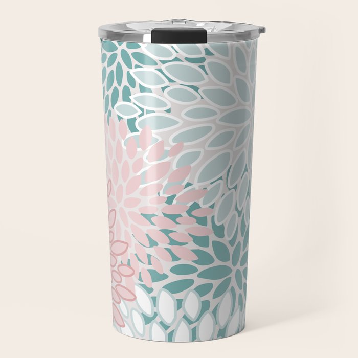 Floral Bloom, Teal, Green, Pink and White Travel Mug Gallery Image 1