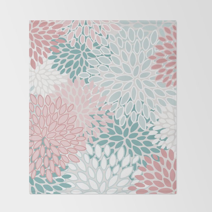 Floral Bloom, Teal, Green, Pink and White Throw Blanket Gallery Image 2