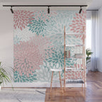 Floral Bloom, Teal, Green, Pink and White Wall Mural Gallery Image 1