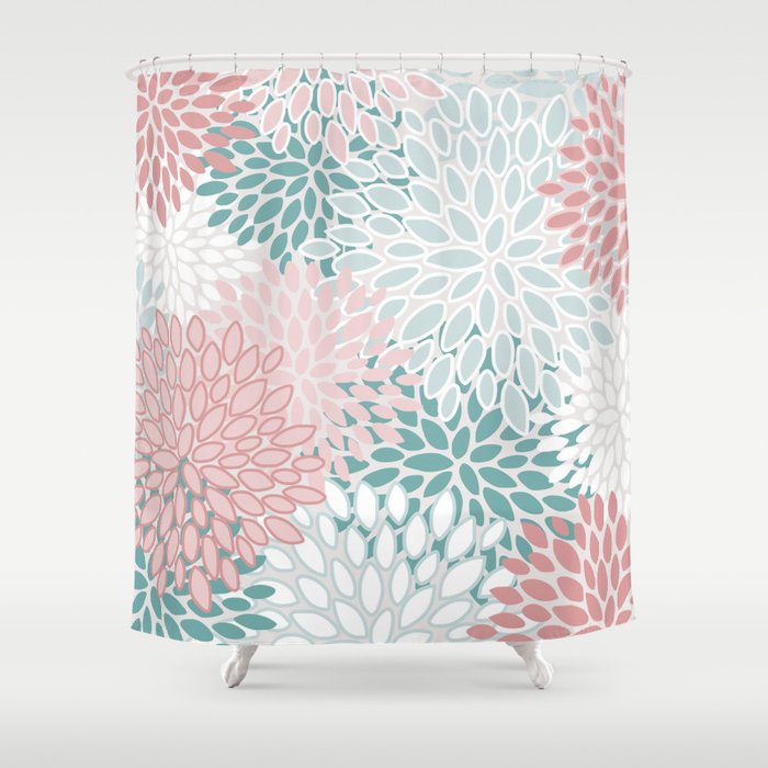 Floral Bloom, Teal, Green, Pink and White Shower Curtain Gallery Image 1