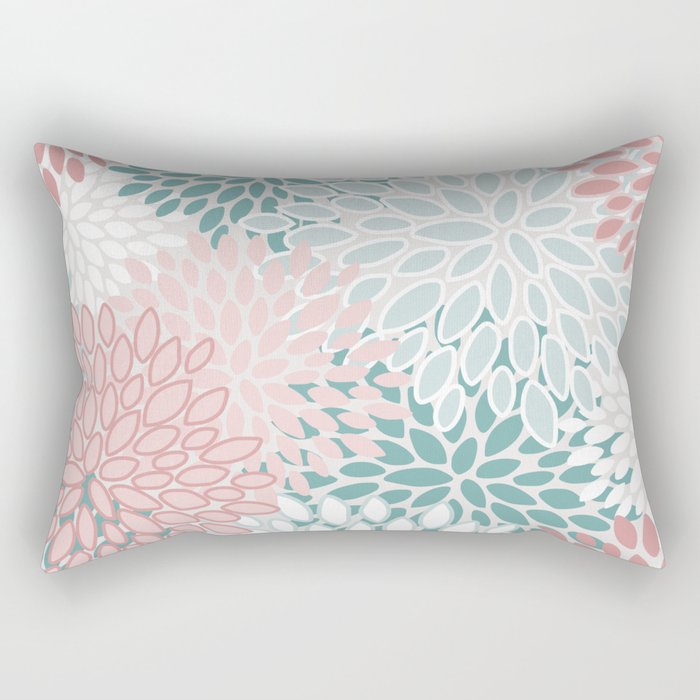 Floral Bloom, Teal, Green, Pink and White Rectangular Pillow Gallery Image 2