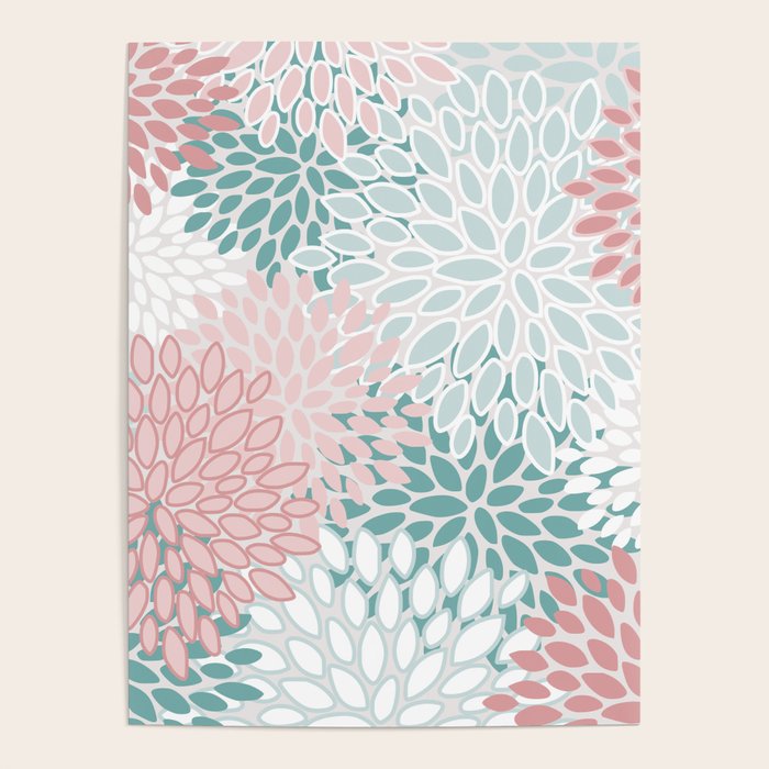 Floral Bloom, Teal, Green, Pink and White Poster Gallery Image 4