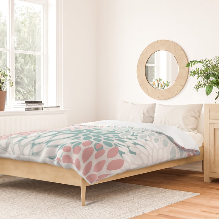 Floral Bloom, Teal, Green, Pink and White Duvet Cover Gallery Image 2