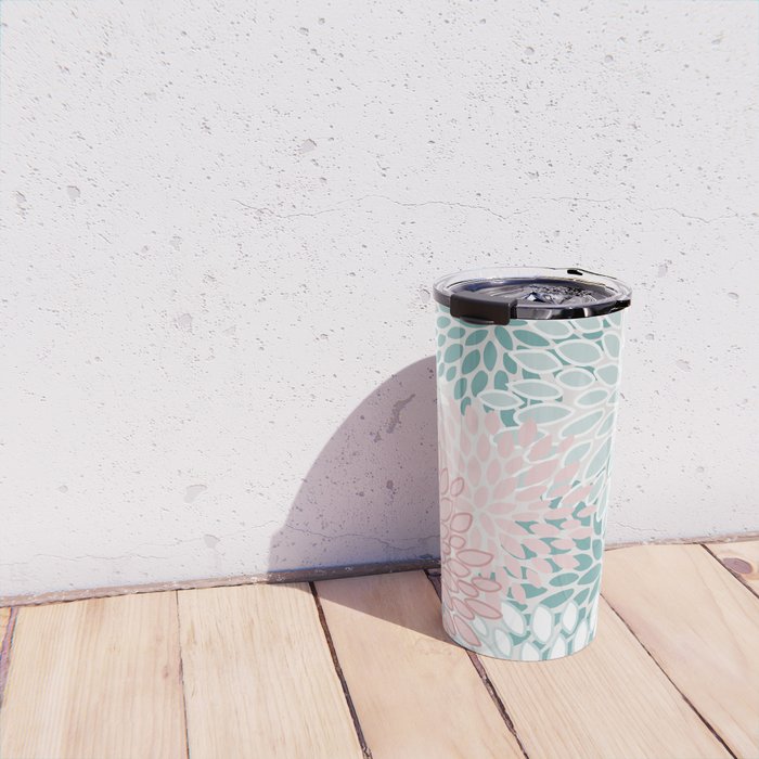 Floral Bloom, Teal, Green, Pink and White Travel Mug Gallery Image 4