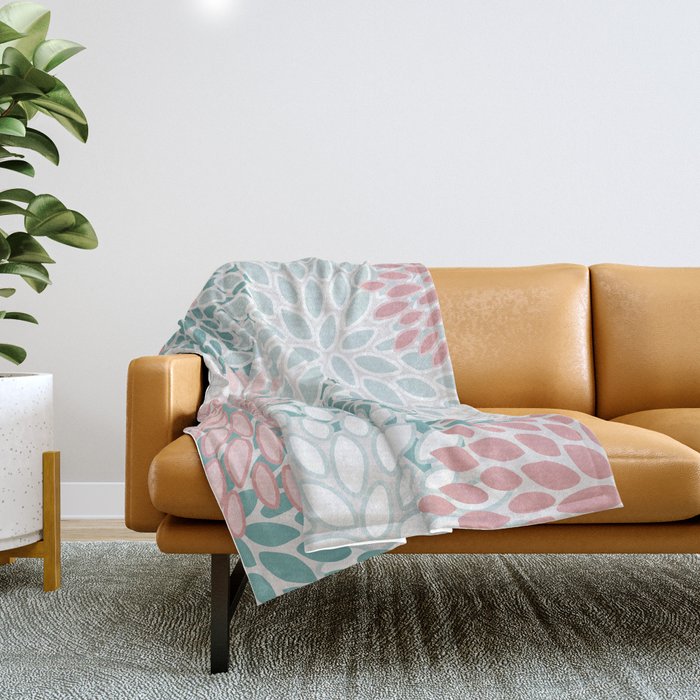 Floral Bloom, Teal, Green, Pink and White Throw Blanket Gallery Image 1