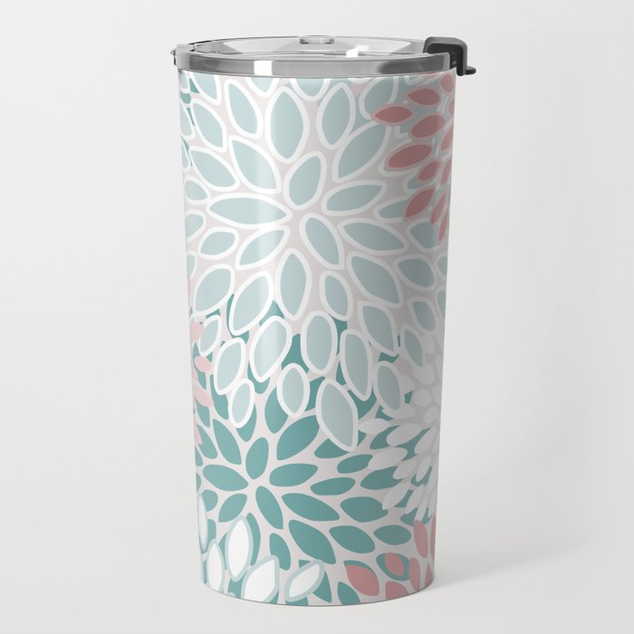 Floral Bloom, Teal, Green, Pink and White Travel Mug Gallery Image 2