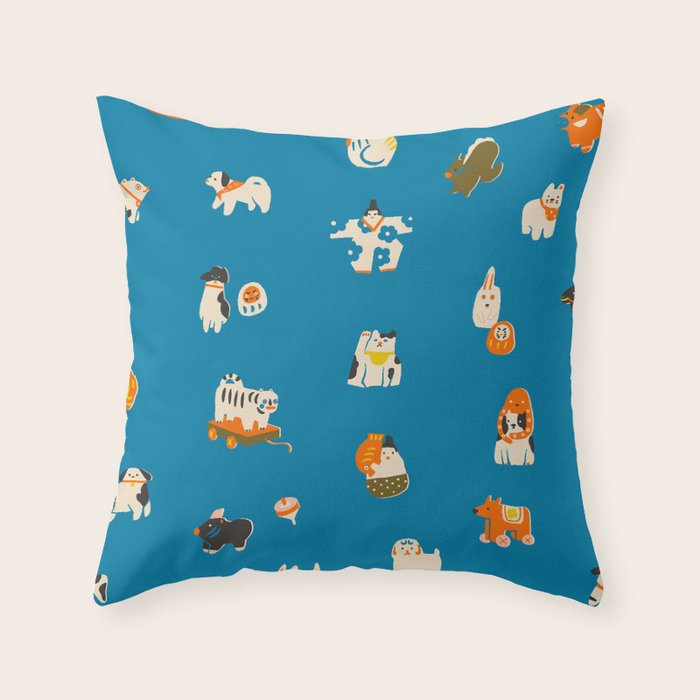 Japanese toys in blue Throw Pillow Gallery Image 6
