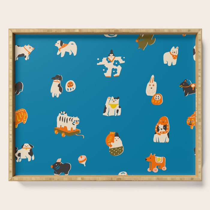 Japanese toys in blue Serving Tray Gallery Image 1