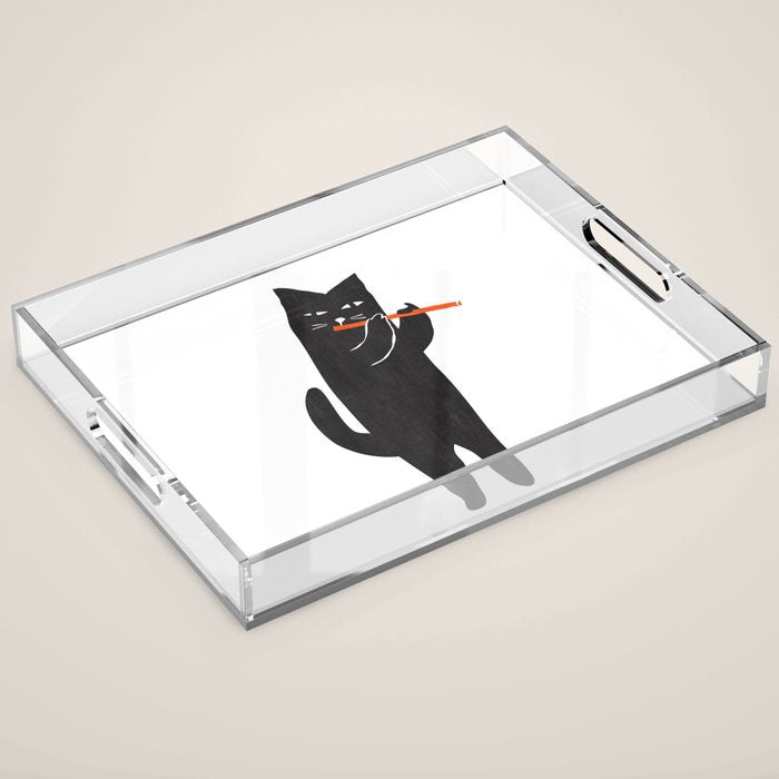 Black cat with flute Acrylic Tray Gallery Image 1